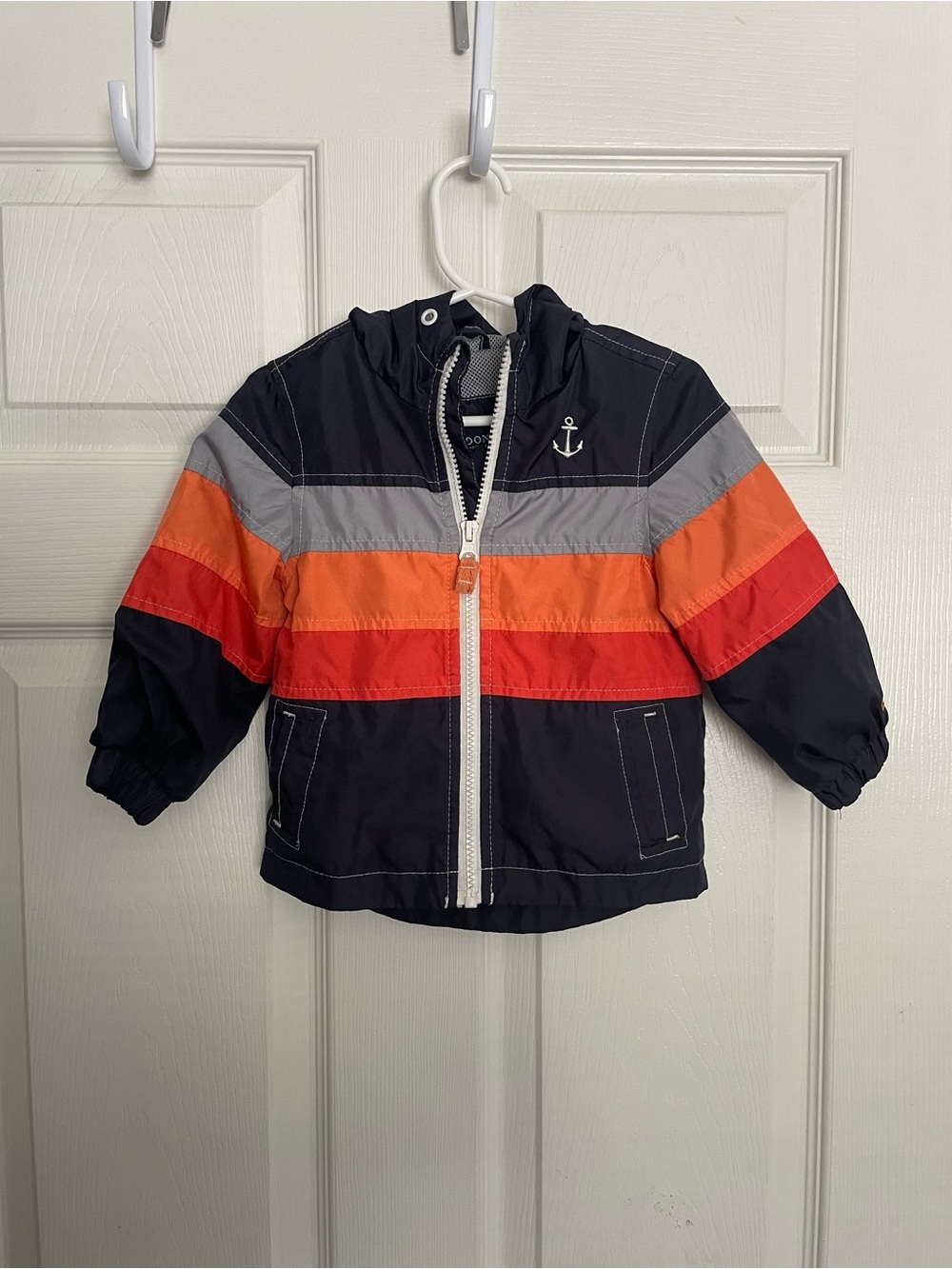 London Fog Kids 12-18 mo Navy Hooded Windbreaker Jacket w Orange & Red Stripes